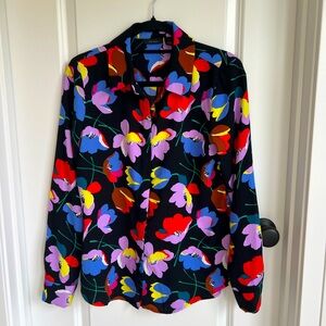 🌸Halogen Floral Black Multicolor Long Sleeve Hidden Button Down Blouse